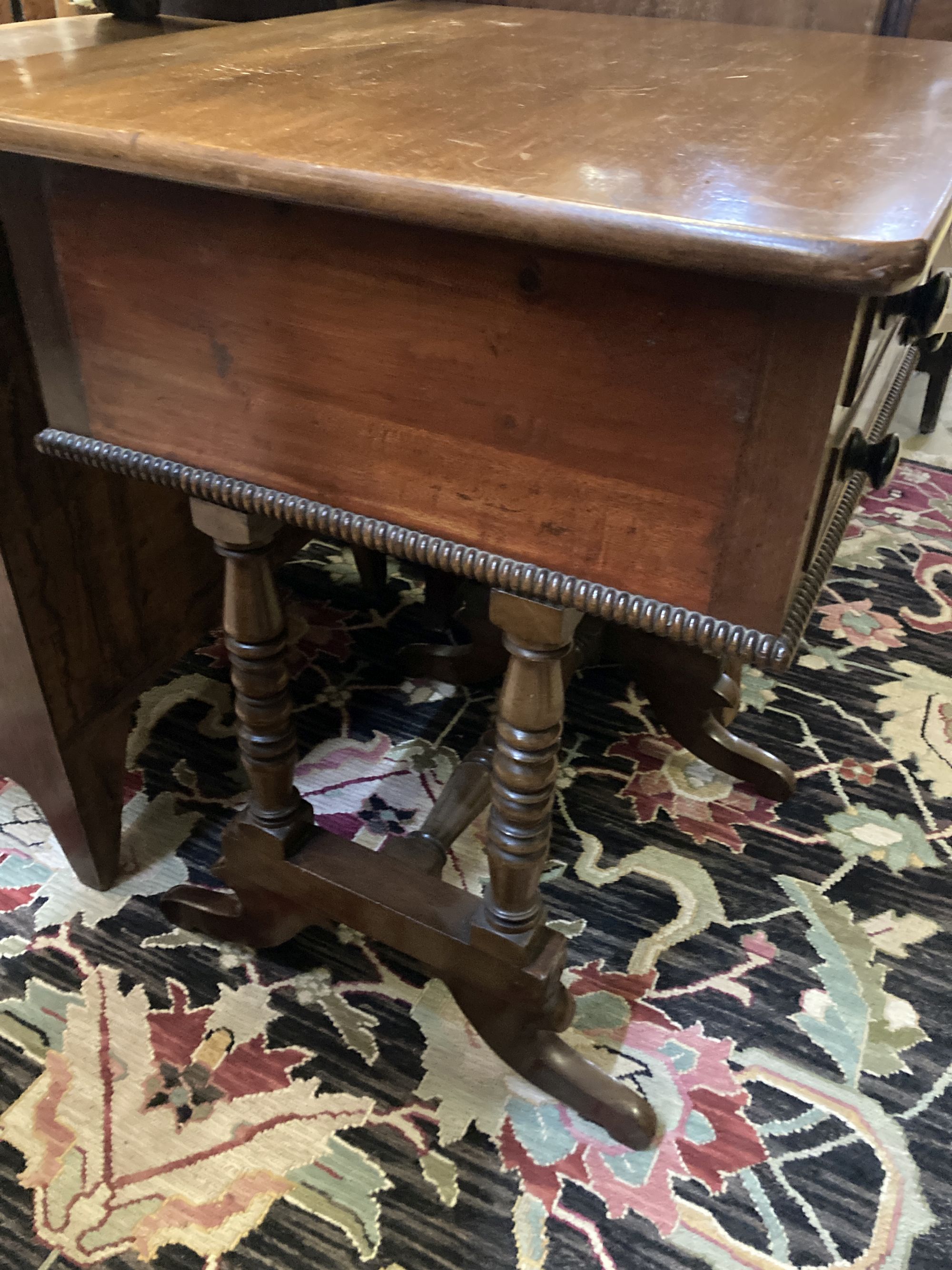 An early Victorian mahogany two drawer work table, width 62cm, depth 54cm, height 74cm